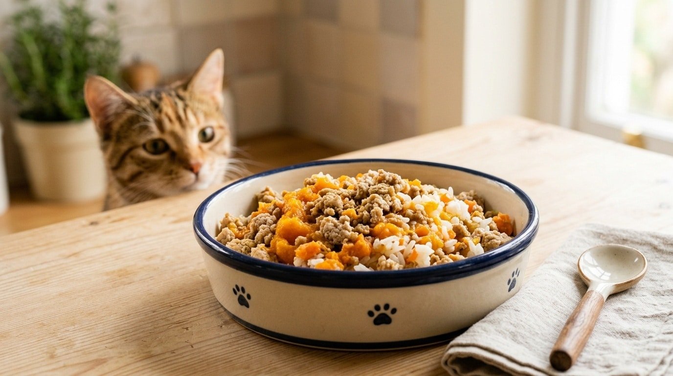 Bowl of homemade cat food with turkey, pumpkin, and carrots, presented in a pet dish, with a cat in the background.