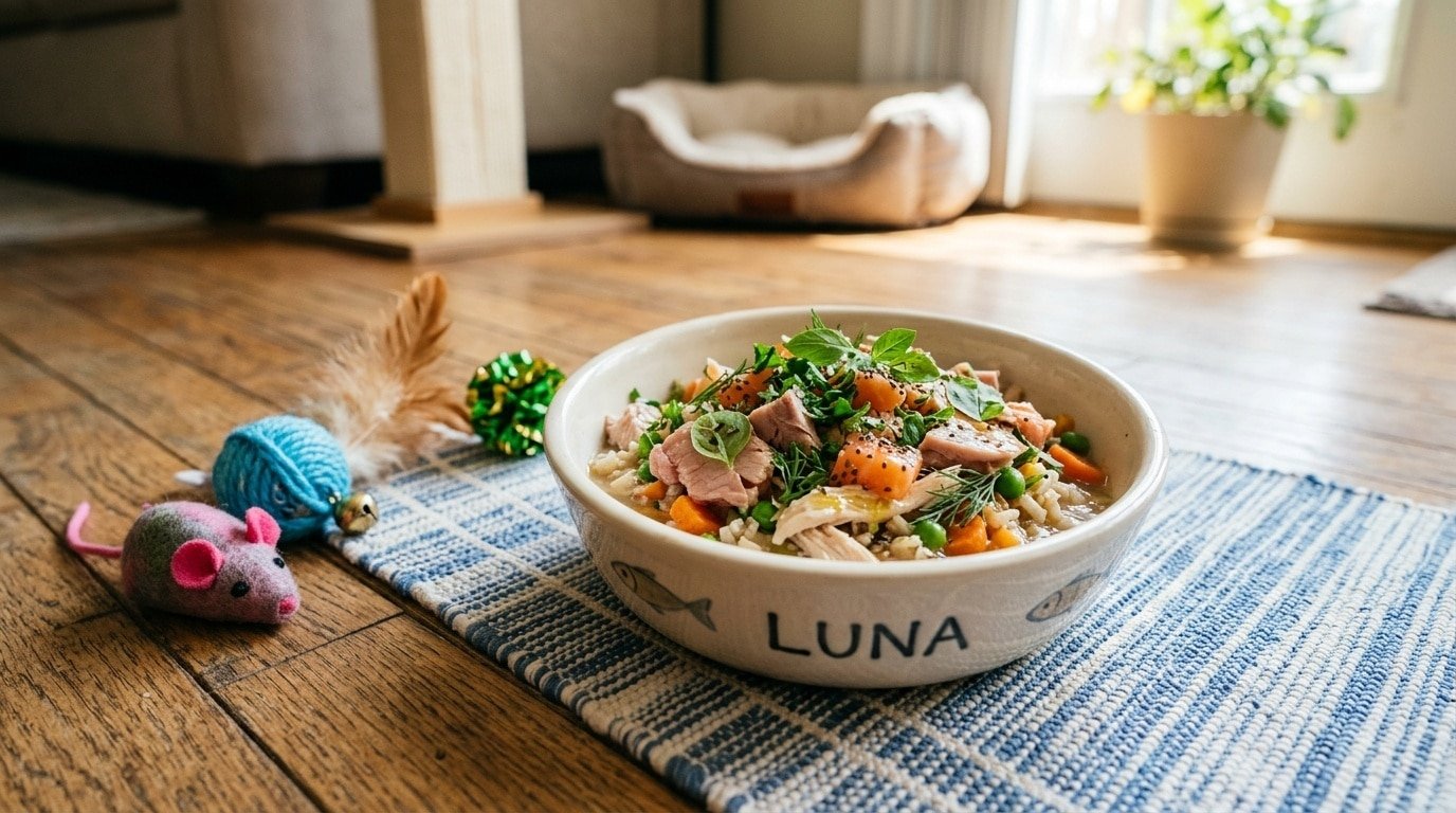 A bowl filled with arthritis-friendly tuna and omega-3 cat food, showing vibrant colors and garnished for presentation.