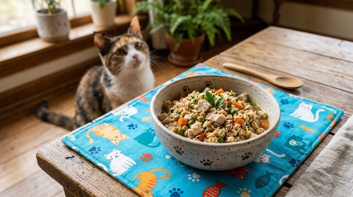 A healthy bowl of turkey and oat cat food with vegetables, set on a vibrant mat with a cat ready to eat.