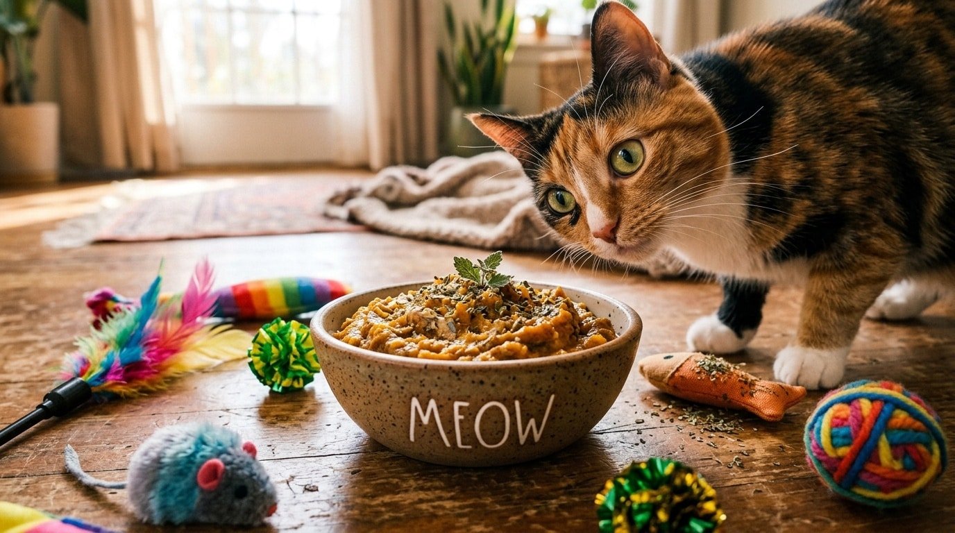 Sardine and pumpkin mash for cats in a bowl with cat toys around, ready for serving.