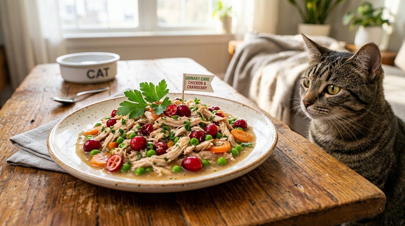 A healthy meal of chicken and cranberry for cats, prepared in a bowl with scattered cranberries and peas.