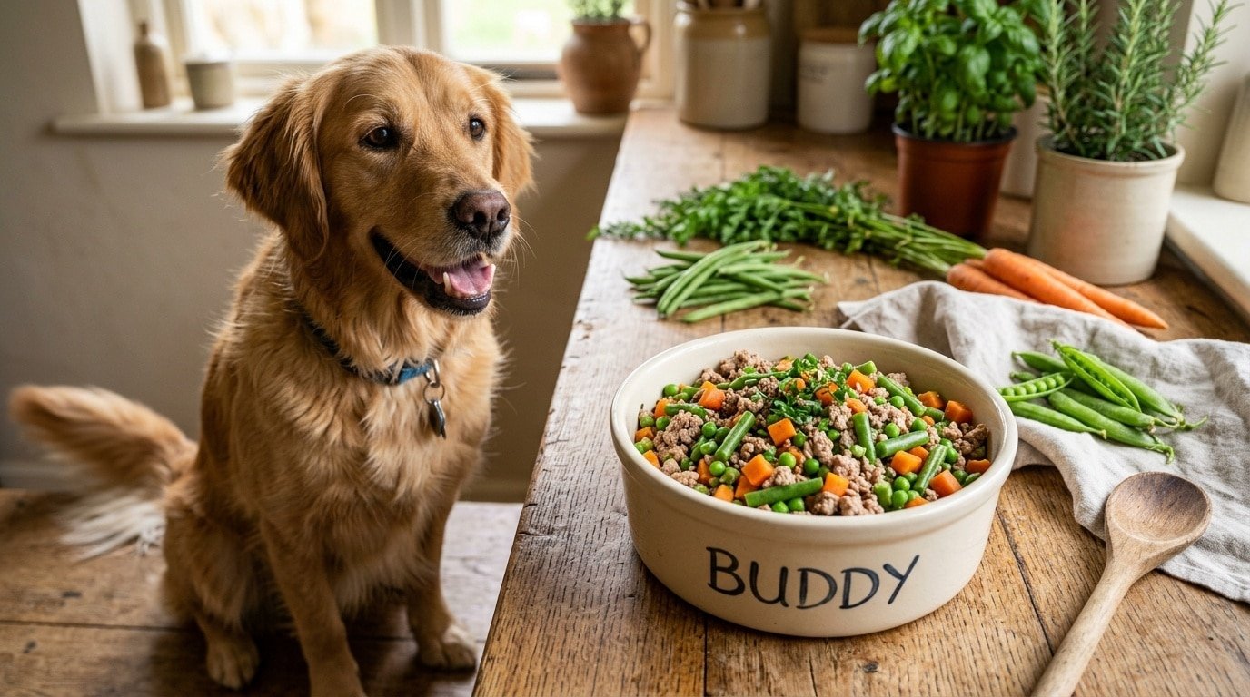 Bowl of homemade dog food with turkey and green beans, surrounded by vegetables and a dog.