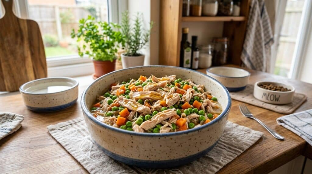 Bowl of homemade cat food with chicken, peas, carrots, and fish oil in a cozy kitchen setting.