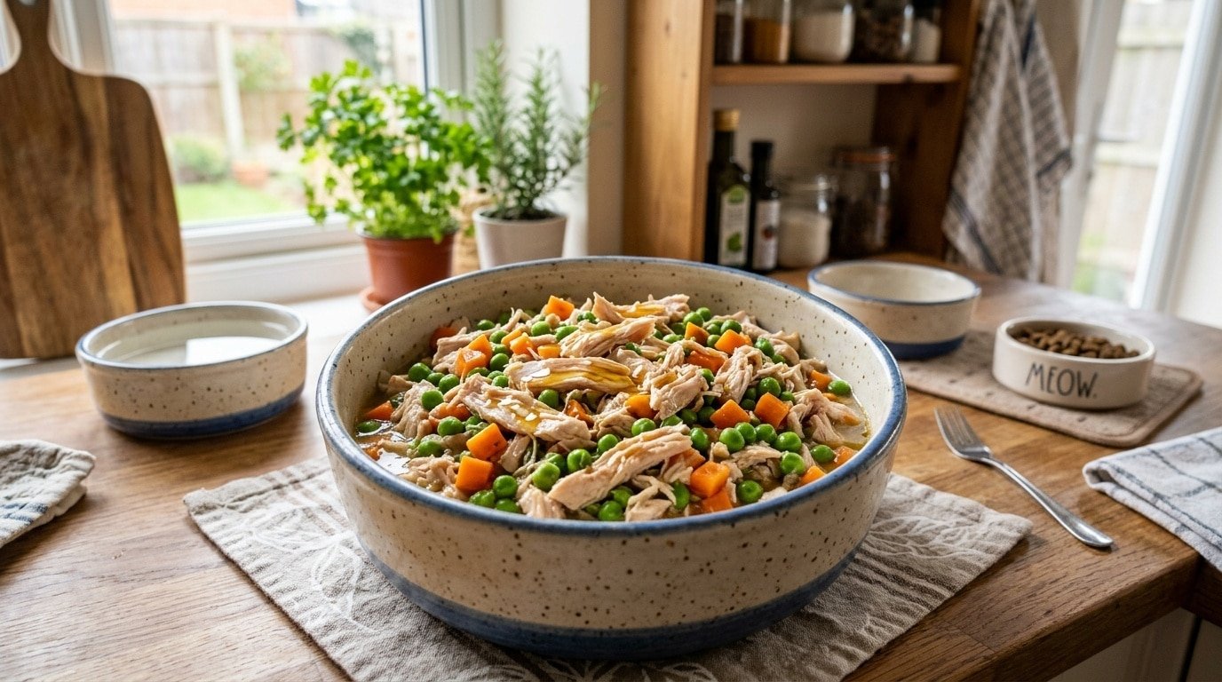 Bowl of homemade cat food with chicken, peas, carrots, and fish oil in a cozy kitchen setting.