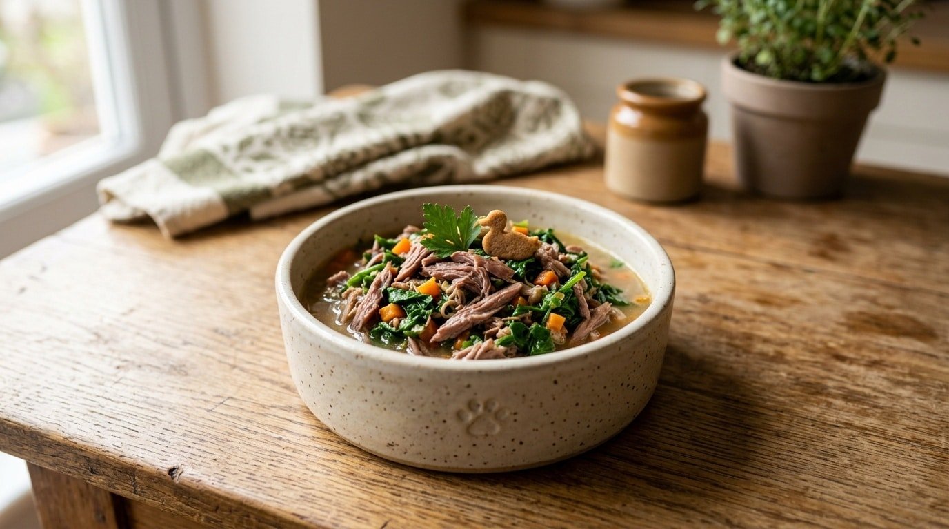 A bowl of homemade duck and spinach cat food with vegetables, ready to be served to a cat.