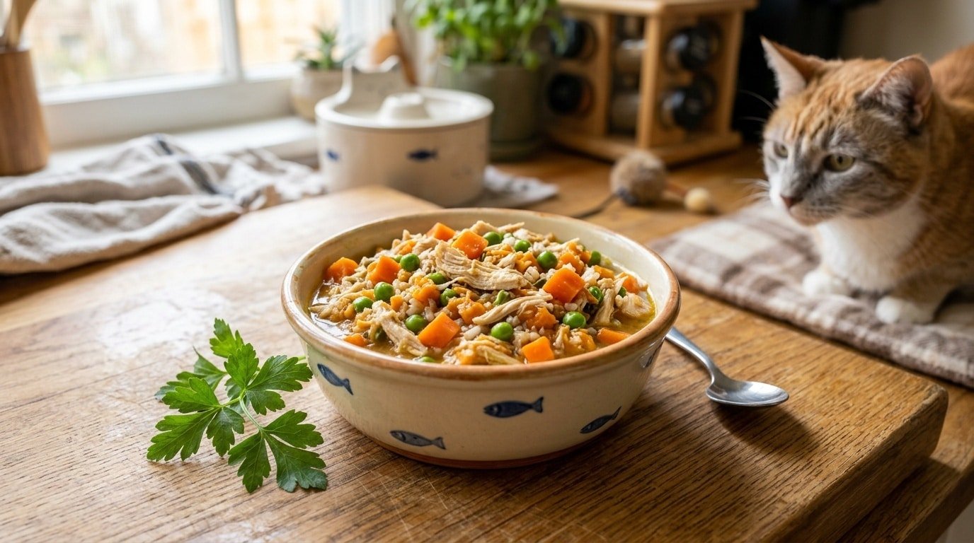 Homemade cat food with shredded chicken, carrots, and peas in a bowl, ready for a senior cat.