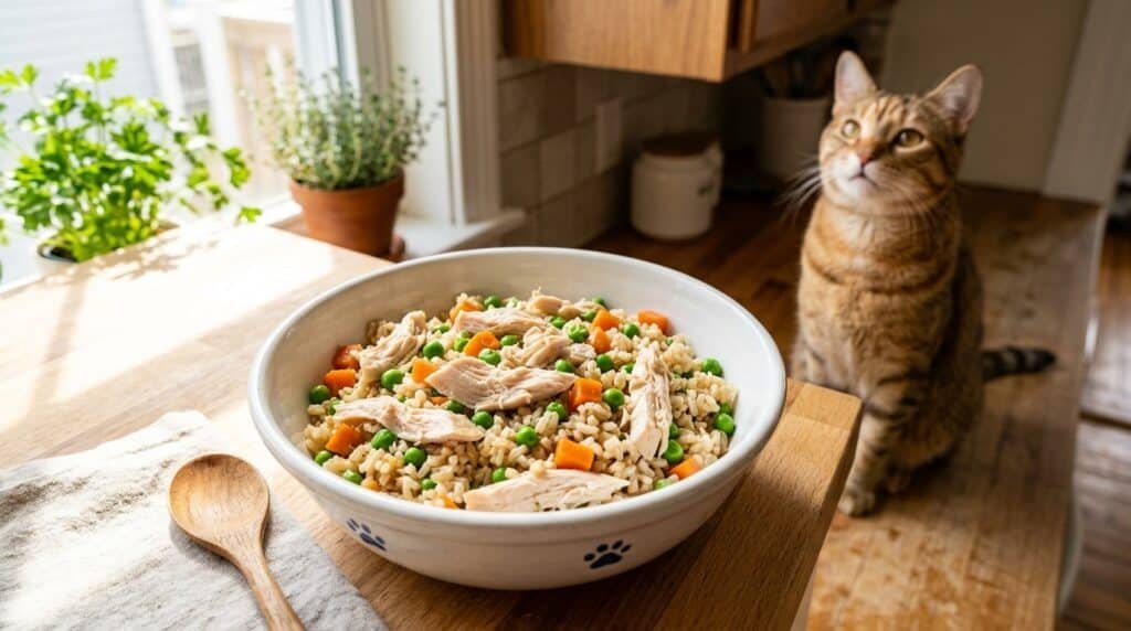 A bowl of chicken and rice meal for cats, with chicken, brown rice, peas, and carrots, ready to be served.