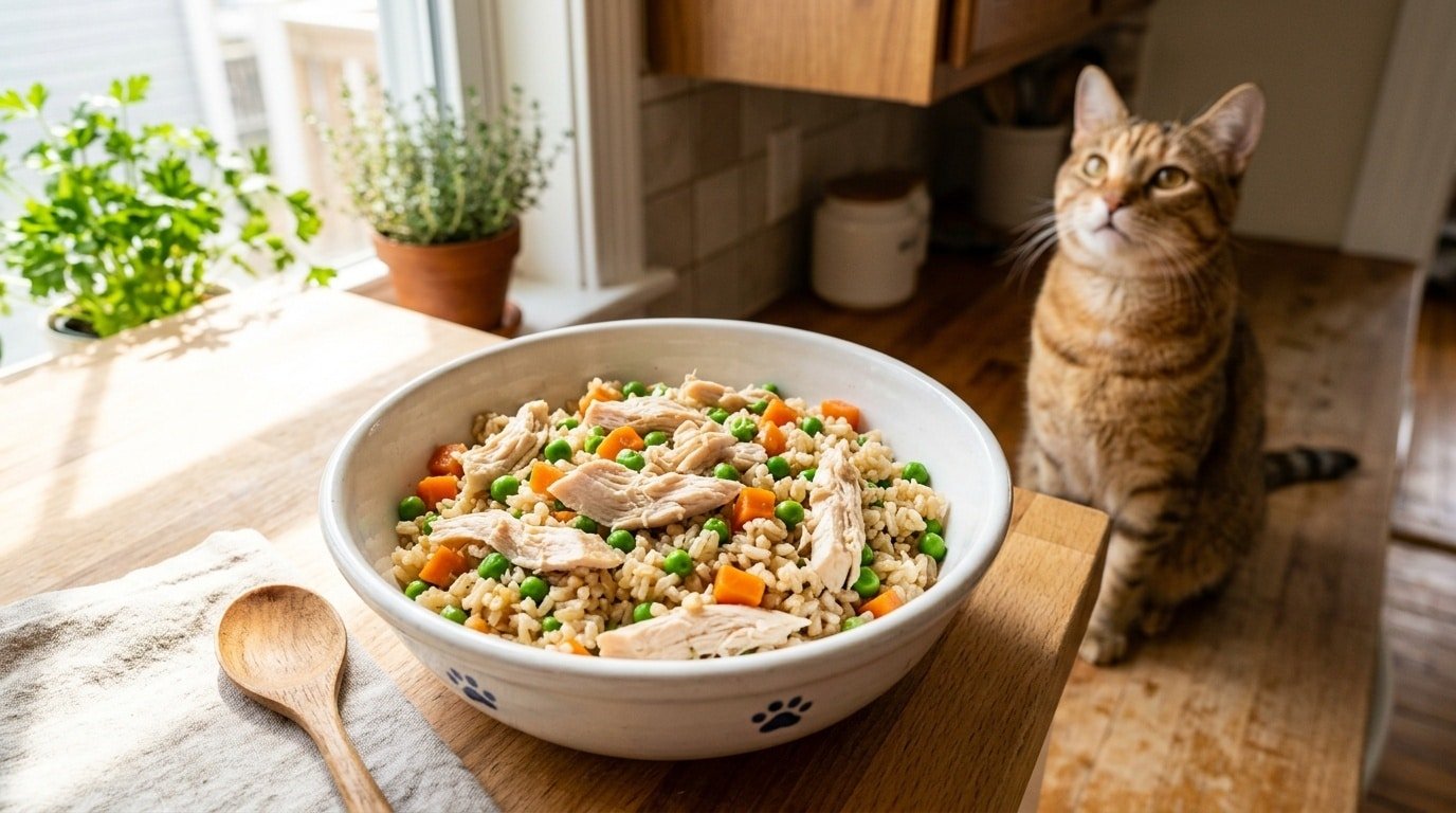 A bowl of chicken and rice meal for cats, with chicken, brown rice, peas, and carrots, ready to be served.