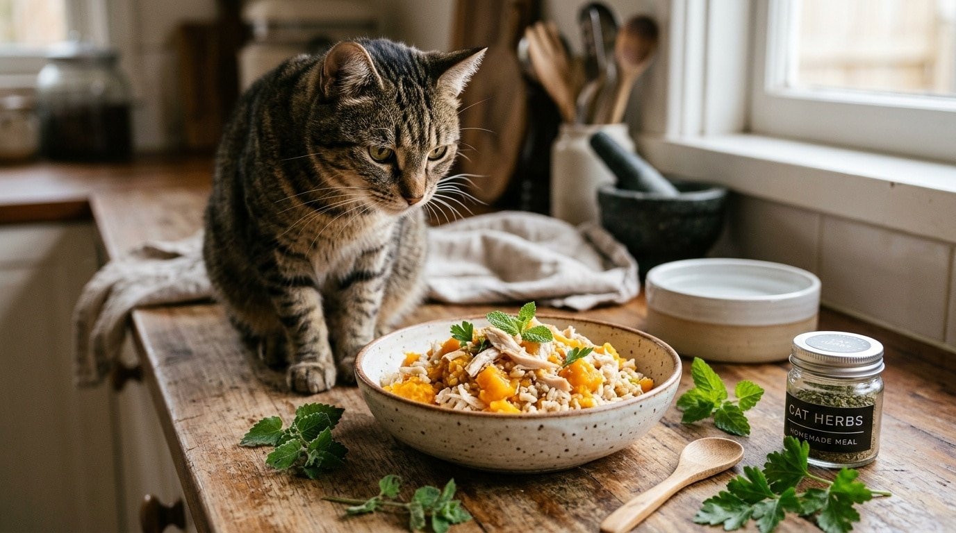 A bowl of homemade cat food made with chicken, pumpkin, and rice, served in a cheerful kitchen.