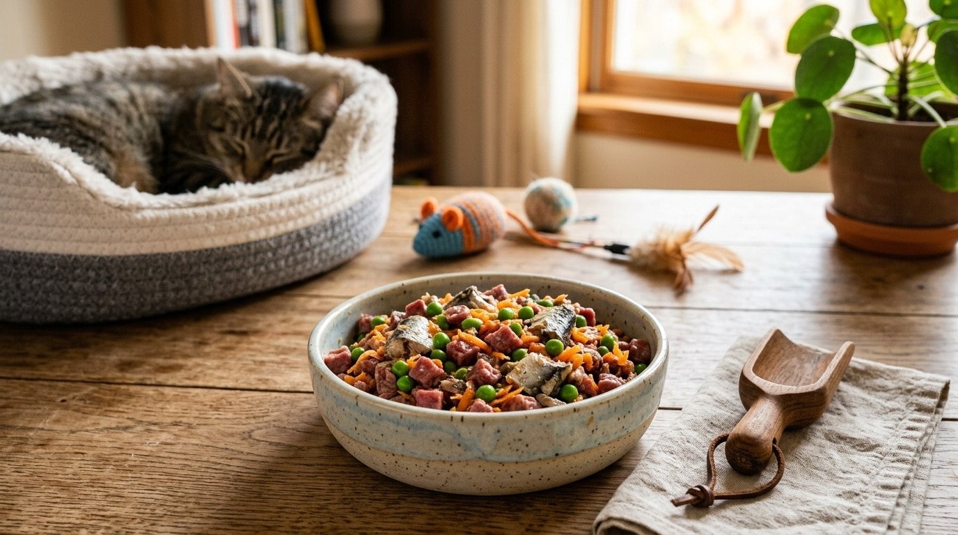 A bowl of homemade food for cats, containing diced beef heart, sardines, peas, and carrots, ready to serve.