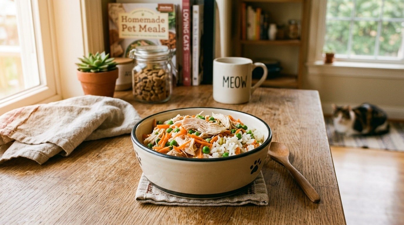 A colorful and nutritious bowl of homemade cat food with chicken, carrots, peas, and rice, set in a cozy kitchen.