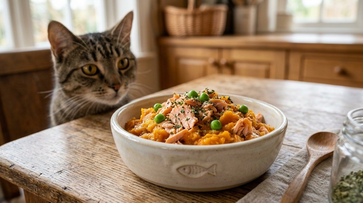 Bowl of salmon and pumpkin cat food with green peas, served in a stylish dish, with a cat curiously observing.
