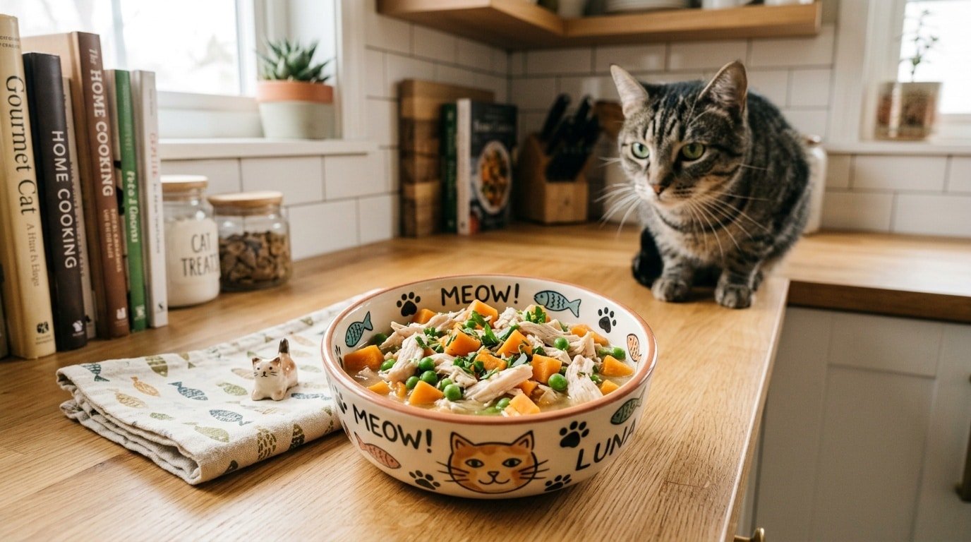 Bowl of homemade cat food with chicken, sweet potatoes, and peas, in front of a curious cat.