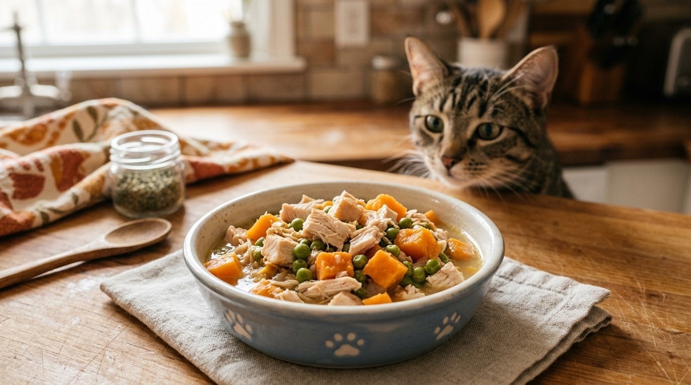 Bowl of chicken and sweet potato cat food with peas, ready for a cat to enjoy.