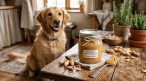 A jar of homemade peanut butter for dogs with peanuts and a dog looking ready for a treat.