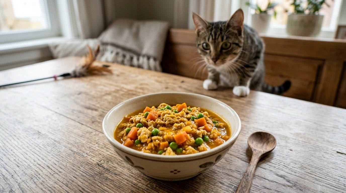 A vibrant bowl of homemade cat food with chicken, carrots, and peas on a rustic table with a curious cat.
