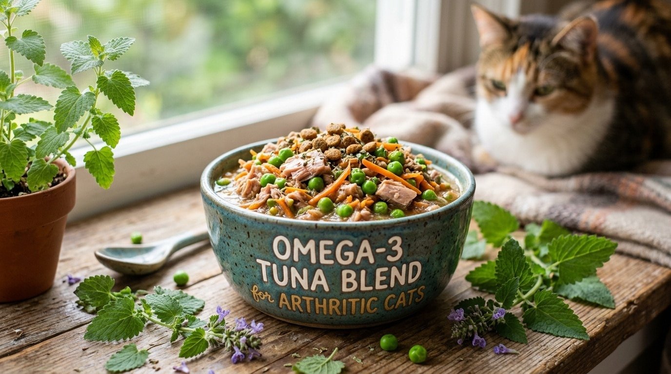 A nutritious bowl of homemade tuna blend for cats, rich in Omega-3, garnished with green peas and carrots.