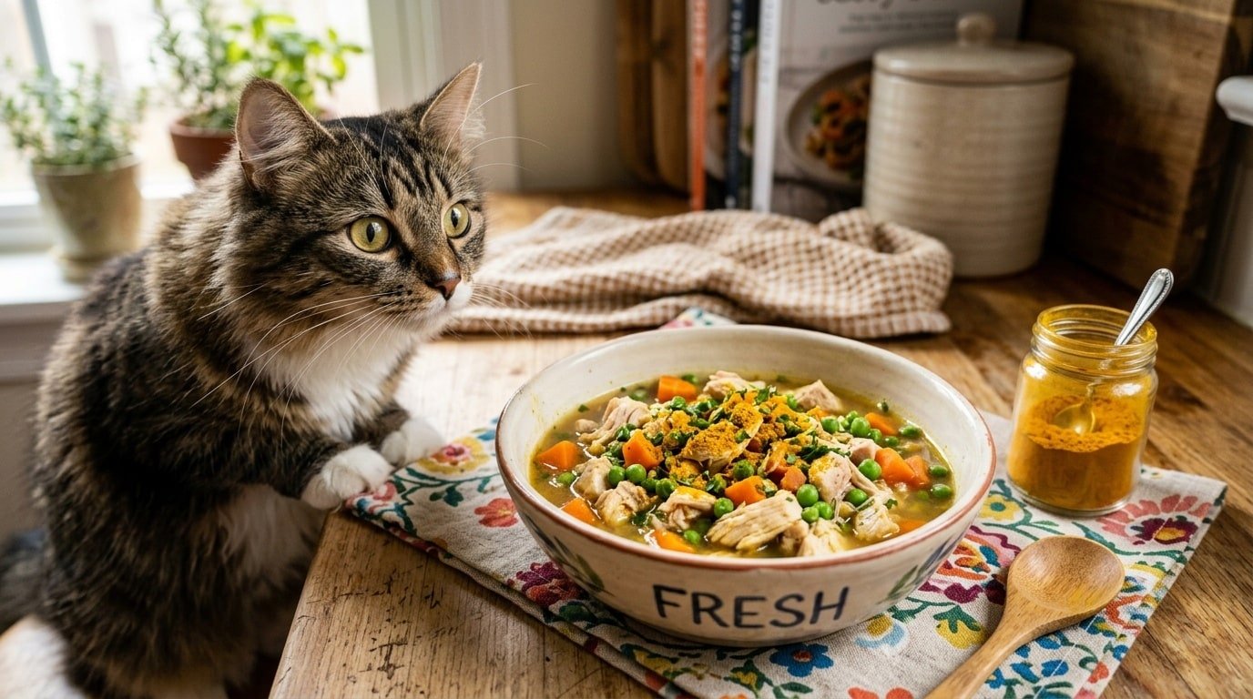 Homemade chicken and turmeric cat meal with vegetables in a bowl, ready for a cat.