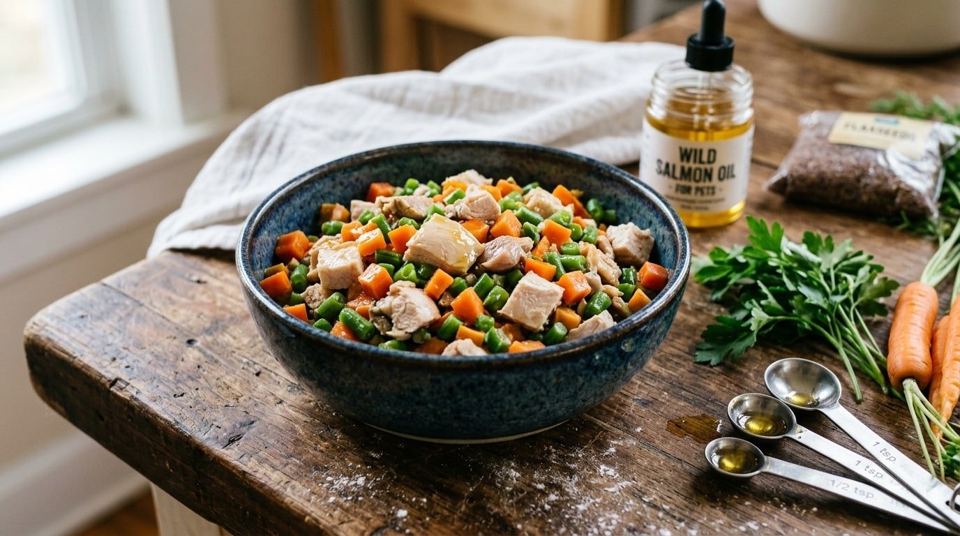 Homemade cat food in a bowl, including chicken, carrots, and green beans on a rustic kitchen surface.