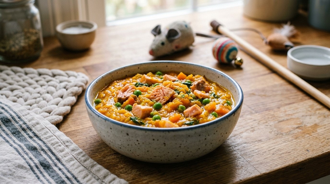 A wholesome salmon and pumpkin dish for cats, colorful with orange pumpkin and pink salmon bits, on a kitchen counter.