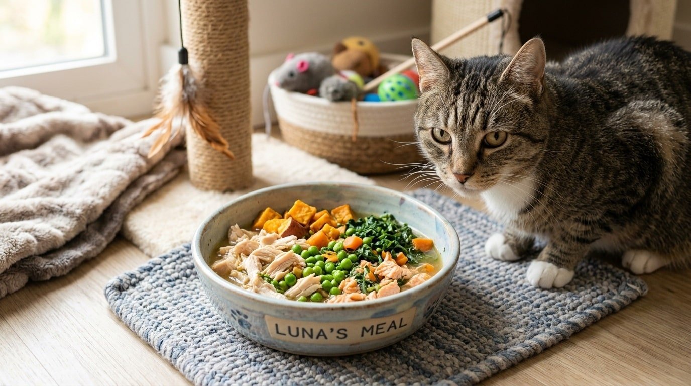 A nutritious bowl of homemade cat food with sweet potatoes, peas, and spinach, served for a senior cat.