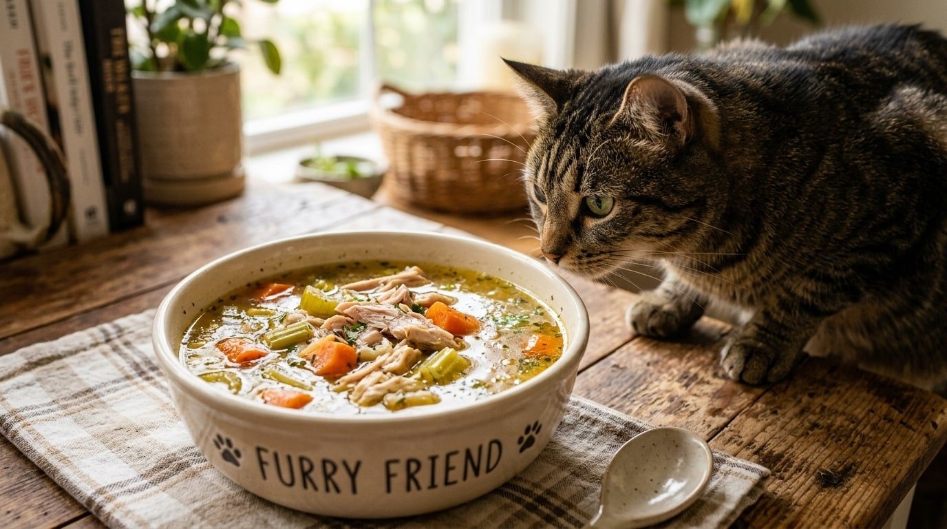 A bowl of turkey and bone broth for cats, with turkey meat and vegetables, set on a wooden surface with a curious cat.