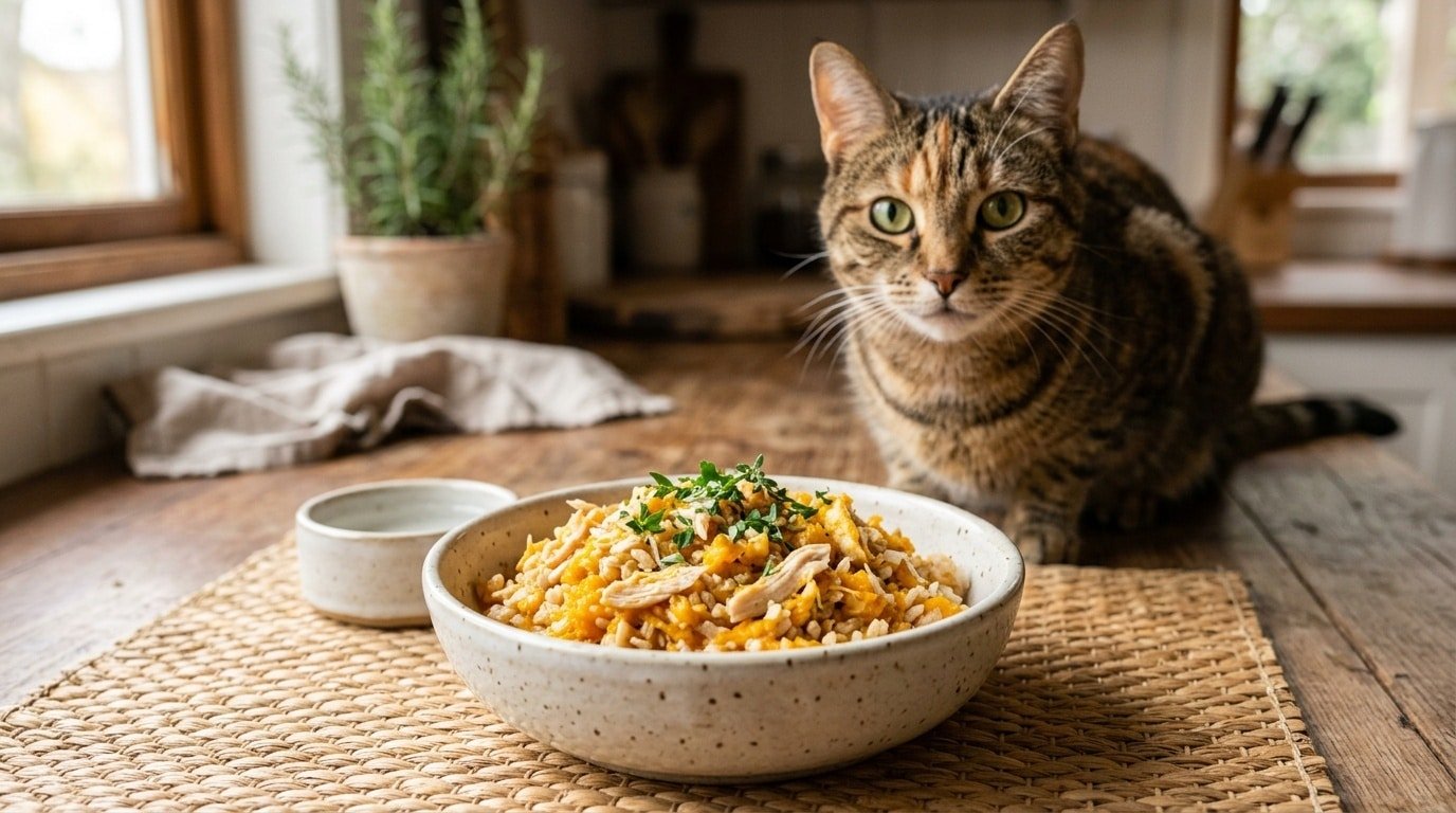 A bowl of homemade cat food with chicken, pumpkin, and rice beside a curious cat.