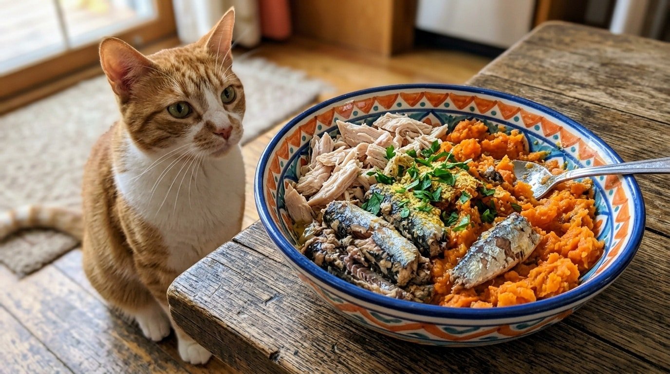 A nutritious sardine and chicken bowl for cats, featuring shredded chicken, sardines, and vegetables, with a curious cat in the background.