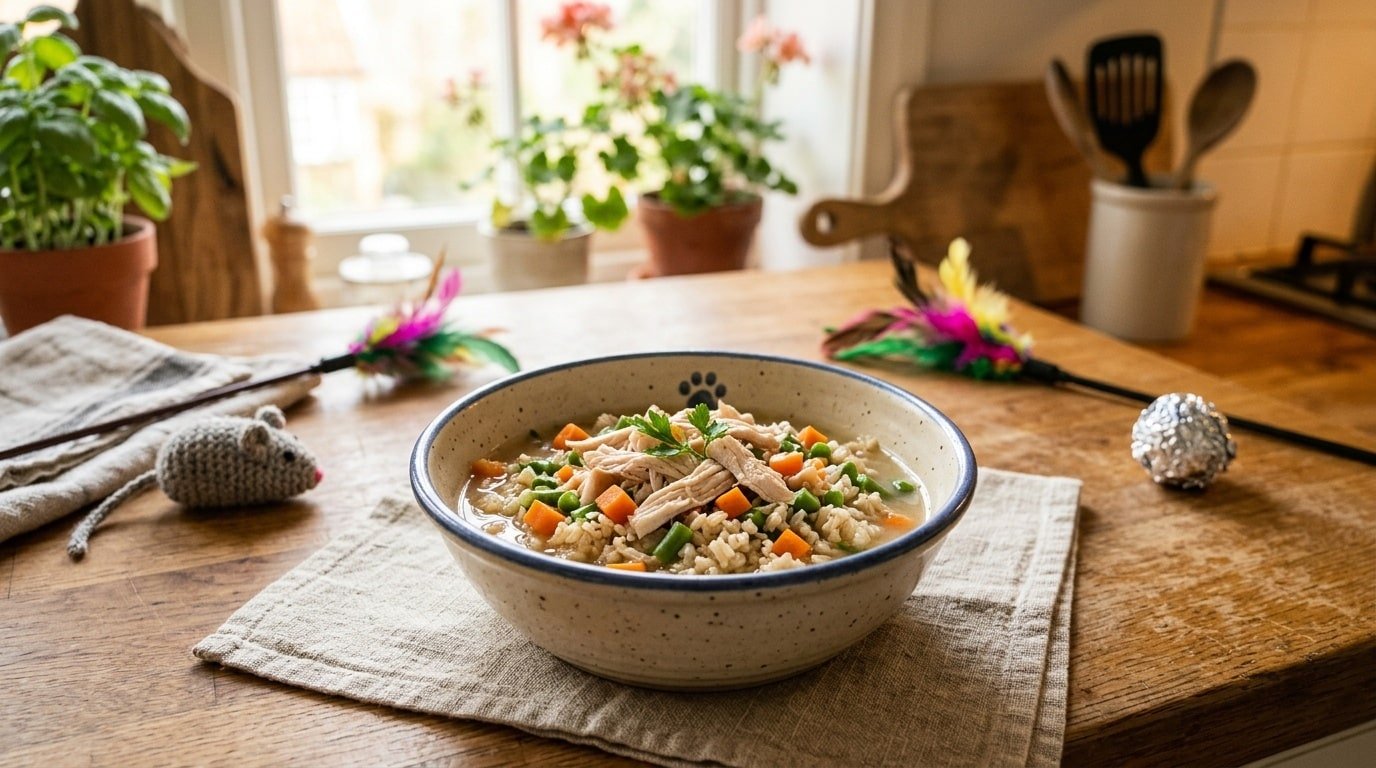 Bowl of nutritious homemade cat food for older cats with chicken, vegetables, and rice.