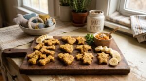 Homemade banana pumpkin chews for dogs on a wooden board with pumpkin and banana slices.