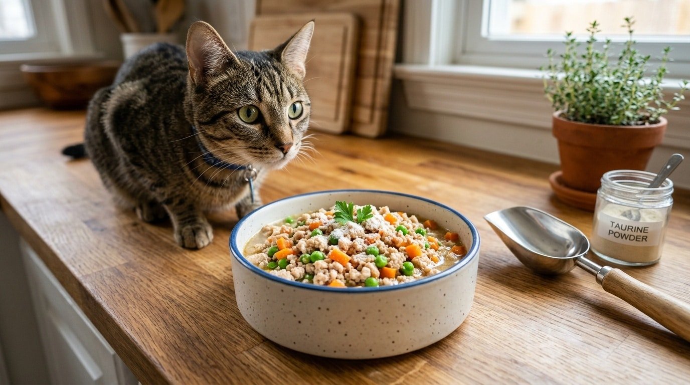 A nutritious bowl of homemade cat food with chicken, carrots, and peas, surrounded by a playful cat.