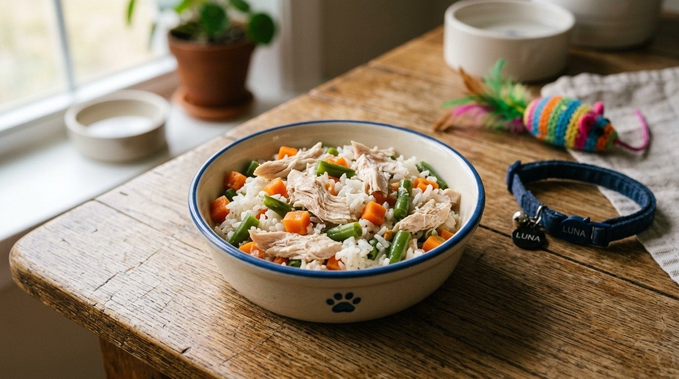 A bowl filled with healthy homemade cat food made of rice, chicken, carrots, and green beans on a wooden table.