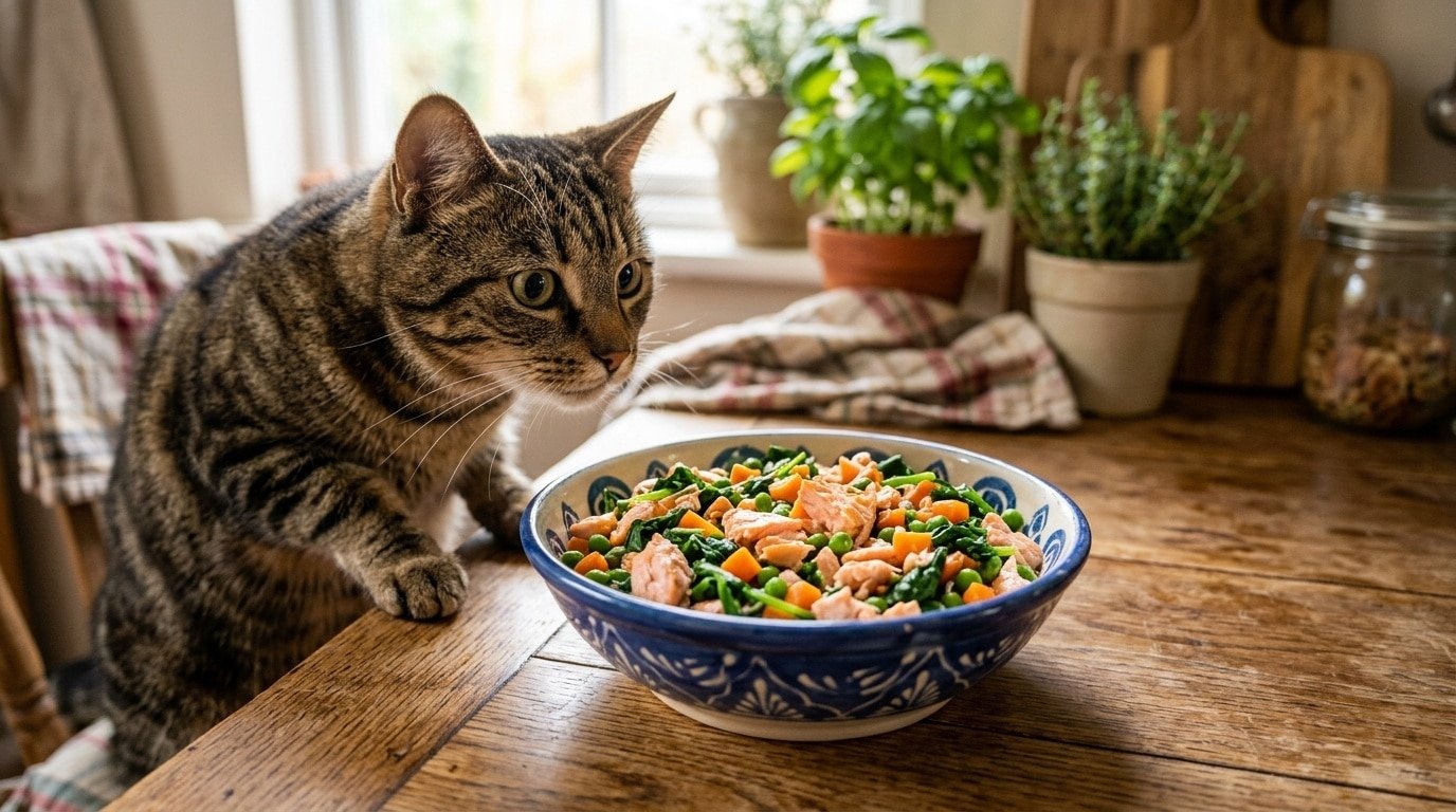 Bowl of homemade salmon and spinach meal for cats with colorful vegetables, set on a wooden table.