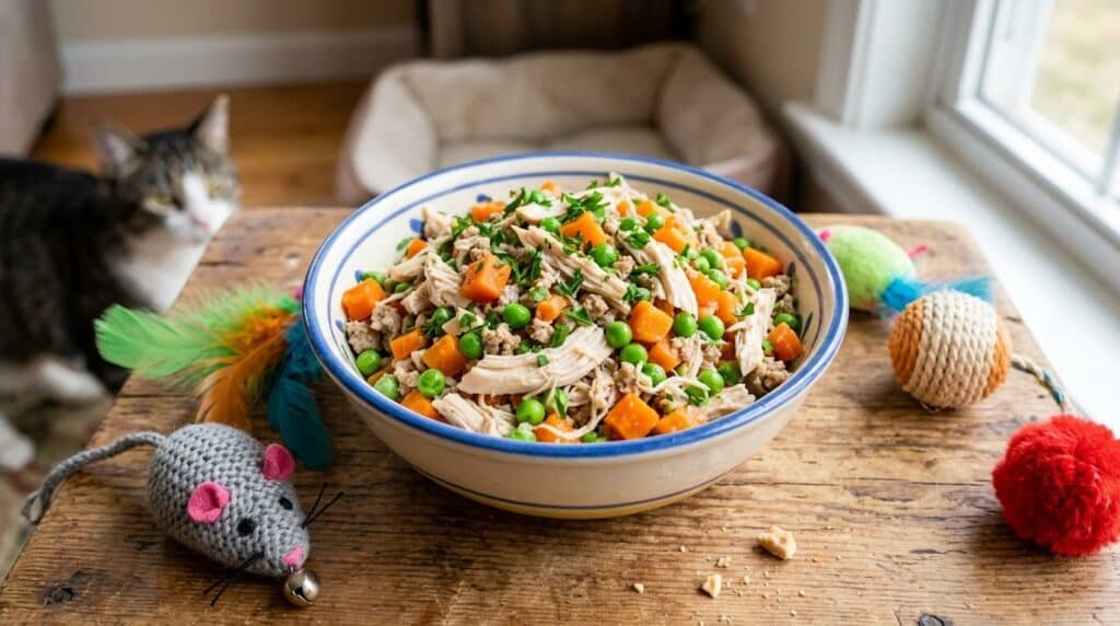 A bowl of homemade cat food with chicken, carrots, and peas, garnished with parsley on a wooden surface.