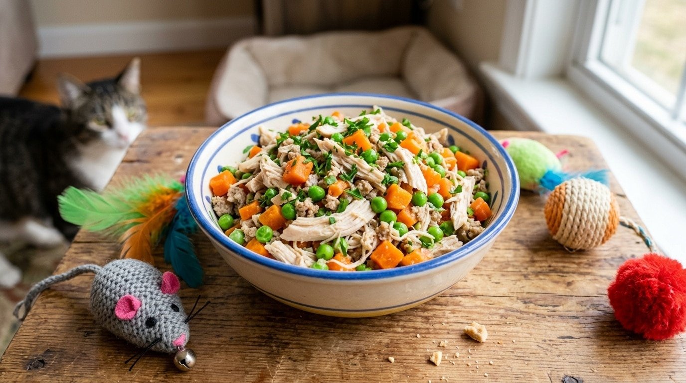 A bowl of homemade cat food with chicken, carrots, and peas, garnished with parsley on a wooden surface.