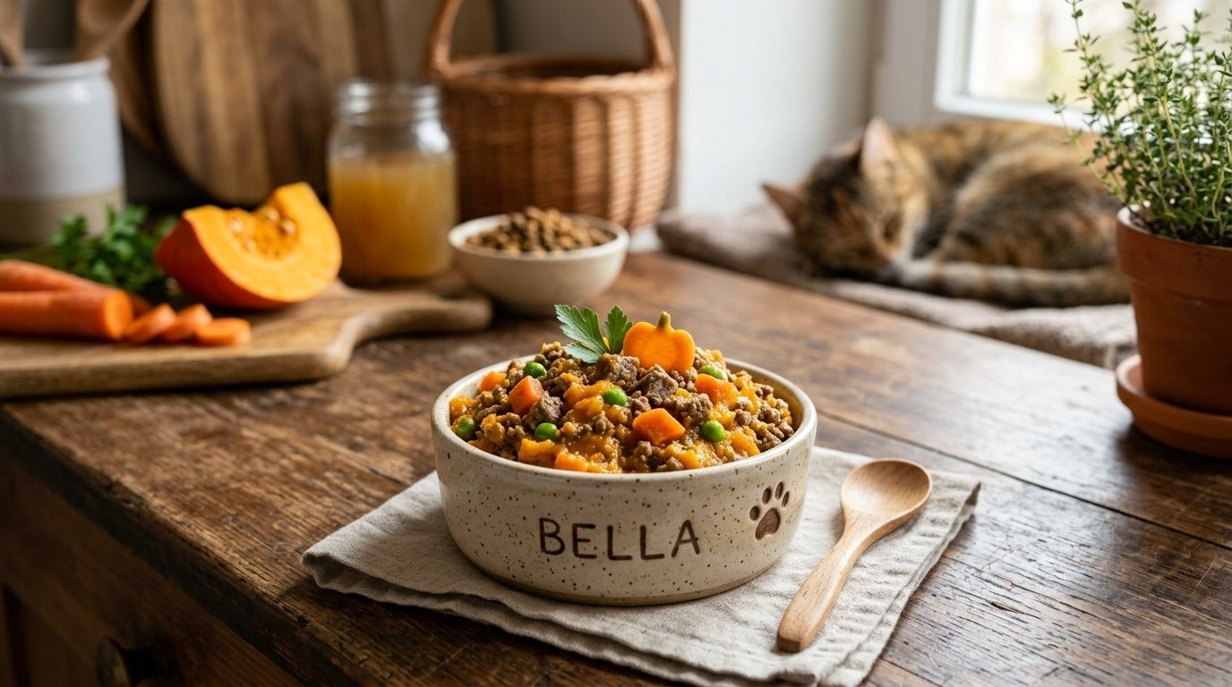Homemade beef and pumpkin cat food in a bowl, with vegetables, on a wooden kitchen table.