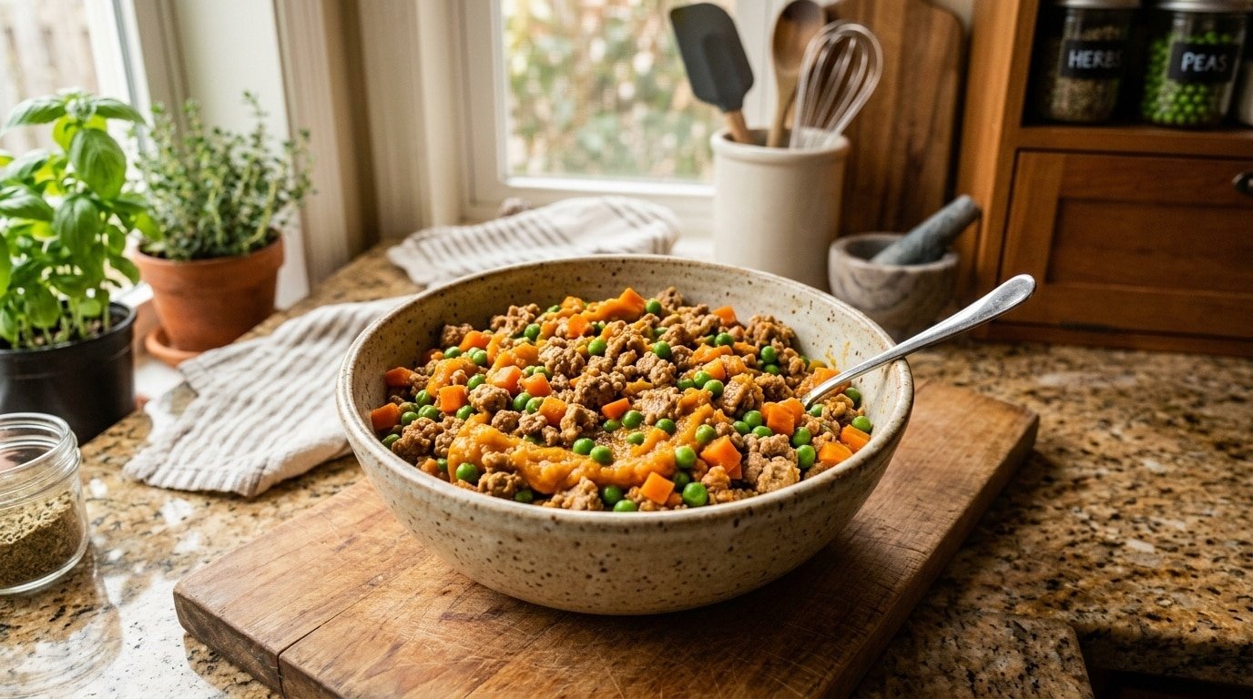 Bowl of homemade cat food with chicken, carrots, peas, and pumpkin puree ready to serve for a cat.