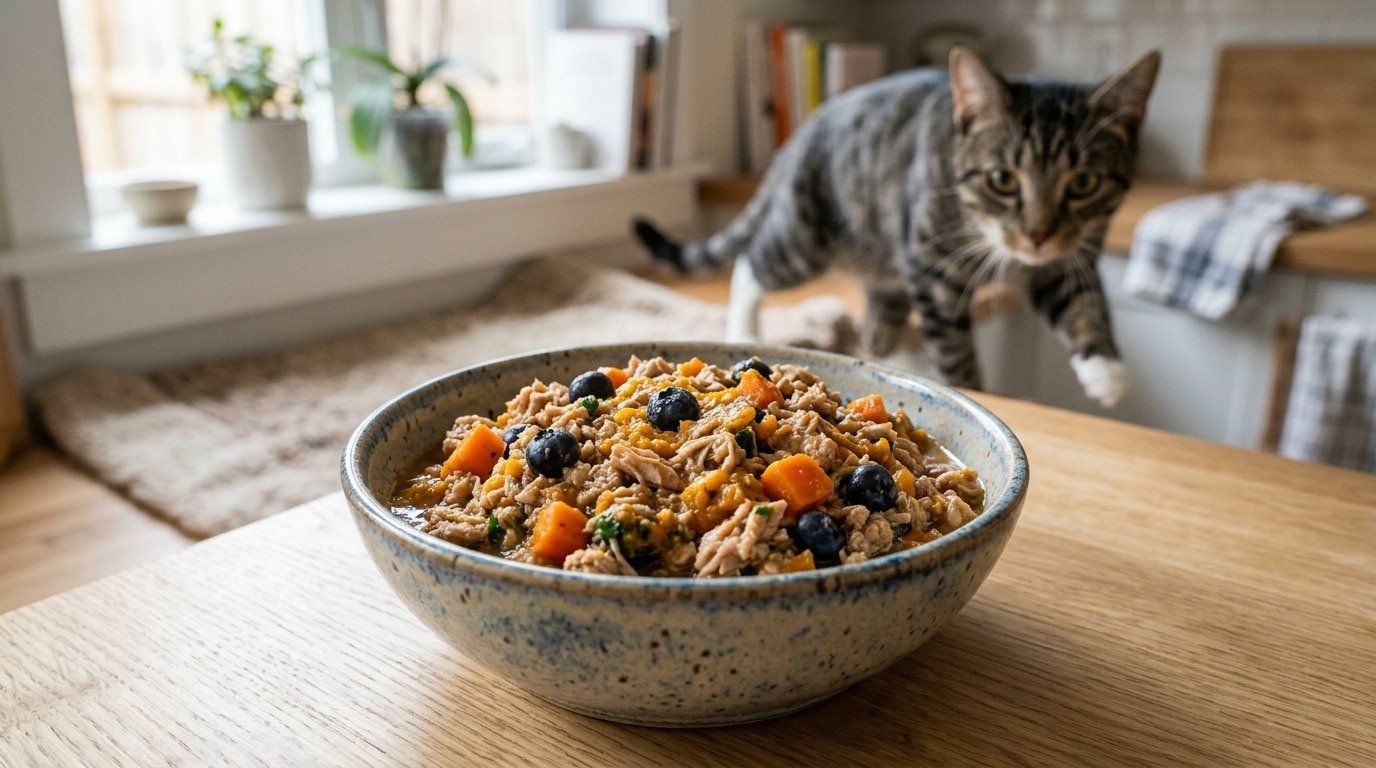 Bowl of turkey and blueberry cat food with carrots and pumpkin, surrounded by a curious cat.