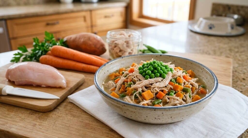 Bowl of homemade cat food with chicken and vegetables on a countertop.