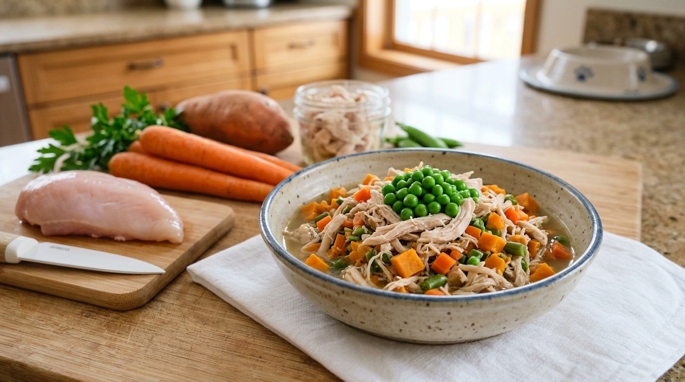 Bowl of homemade cat food with chicken and vegetables on a countertop.
