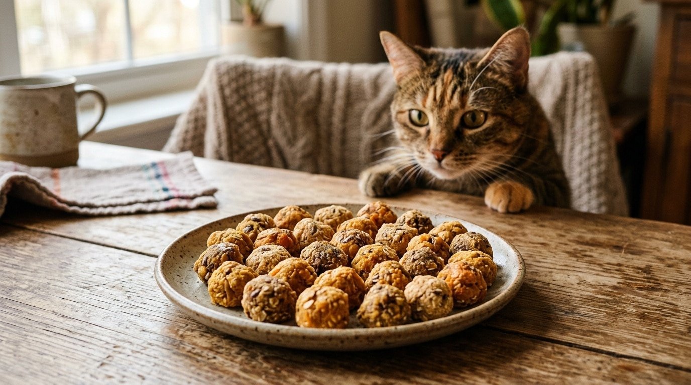 Plate of homemade chicken and pumpkin treats for cats, with a cat in the background.