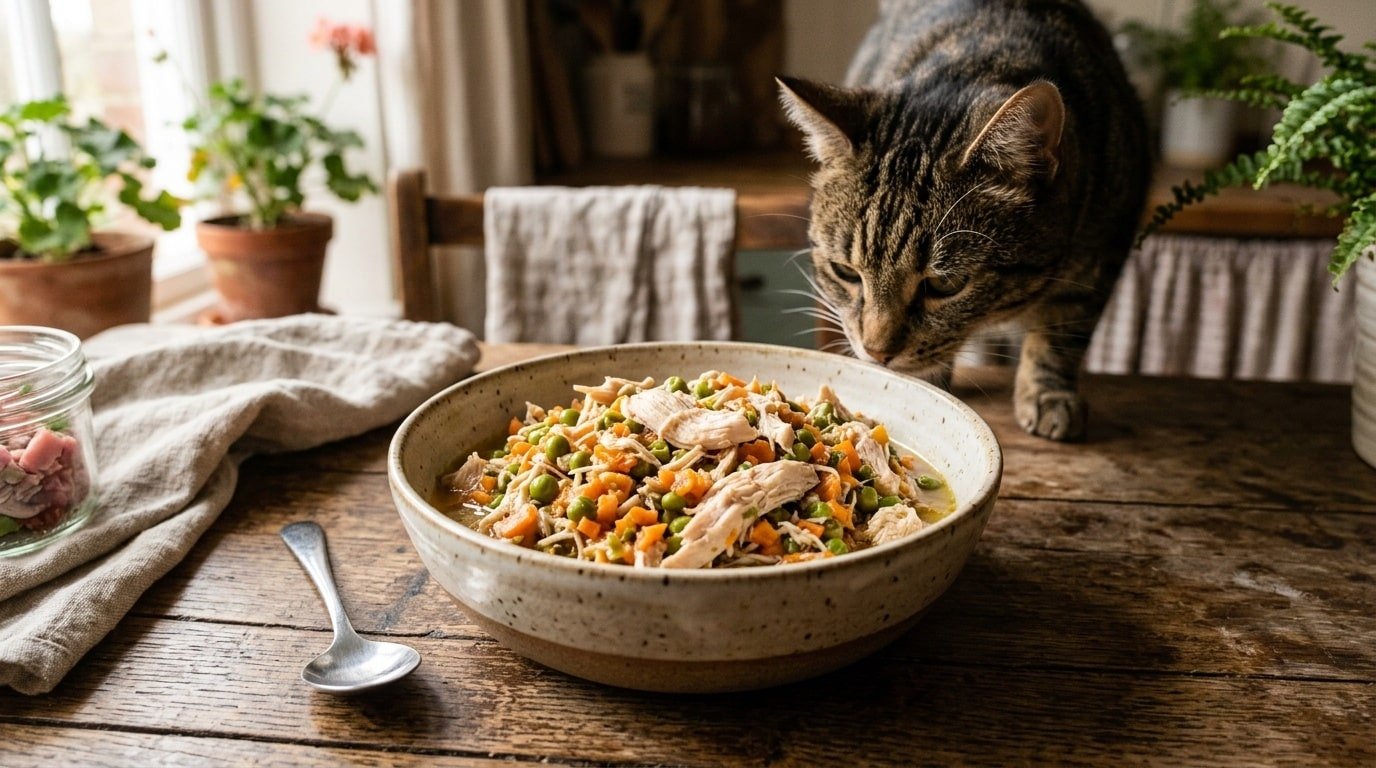 Bowl of homemade cat food with chicken, carrots, and peas on a wooden table.