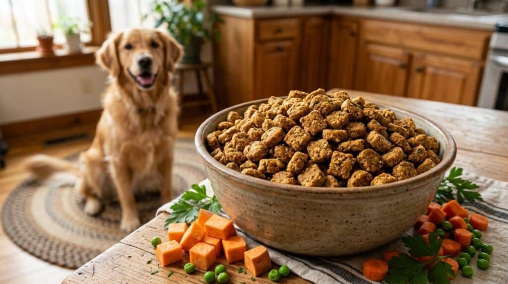 Bowl of homemade turkey sweet potato kibble for dogs, surrounded by fresh ingredients like sweet potatoes and carrots.