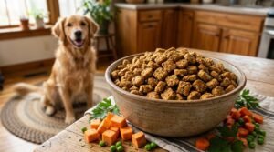 Bowl of homemade turkey sweet potato kibble for dogs, surrounded by fresh ingredients like sweet potatoes and carrots.