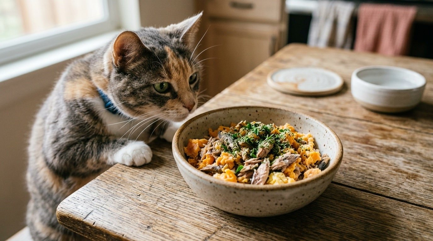 A bowl of sardine and egg dish for senior cats, garnished with catnip, with a curious cat in the background.