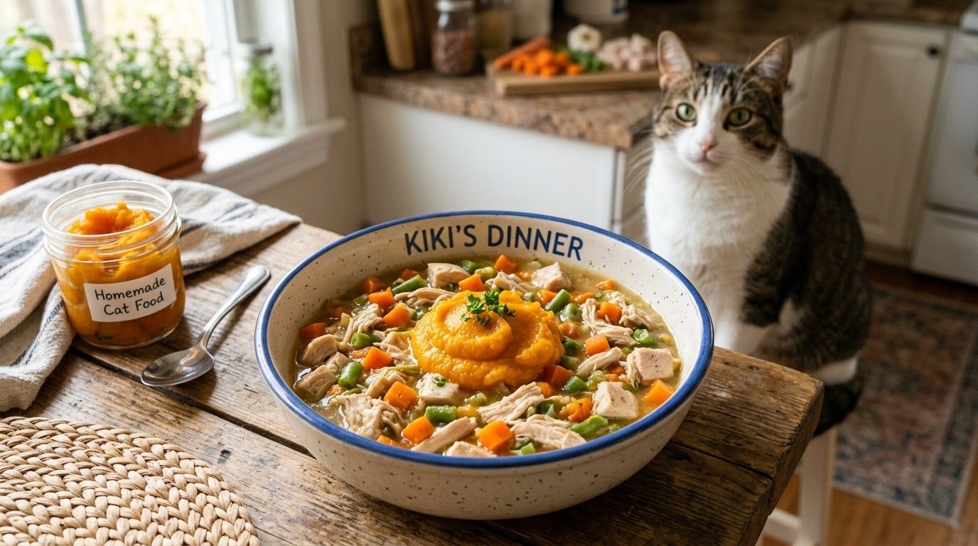 Bowl of homemade cat food with chicken, carrots, green beans, and pumpkin puree, next to a visibly eager cat.