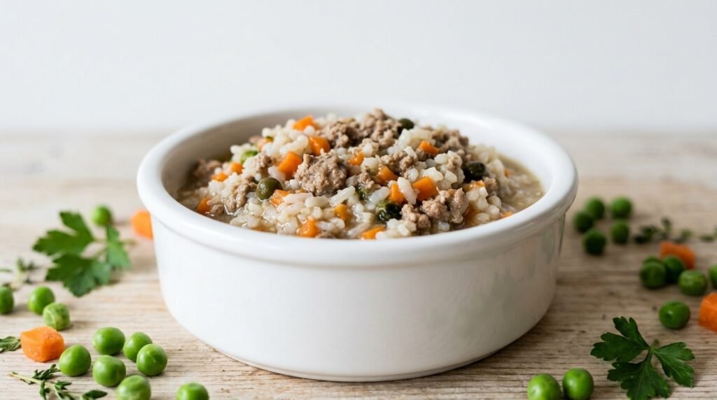 A bowl of homemade rabbit and rice cat food with vegetables, ready for serving to a pet.