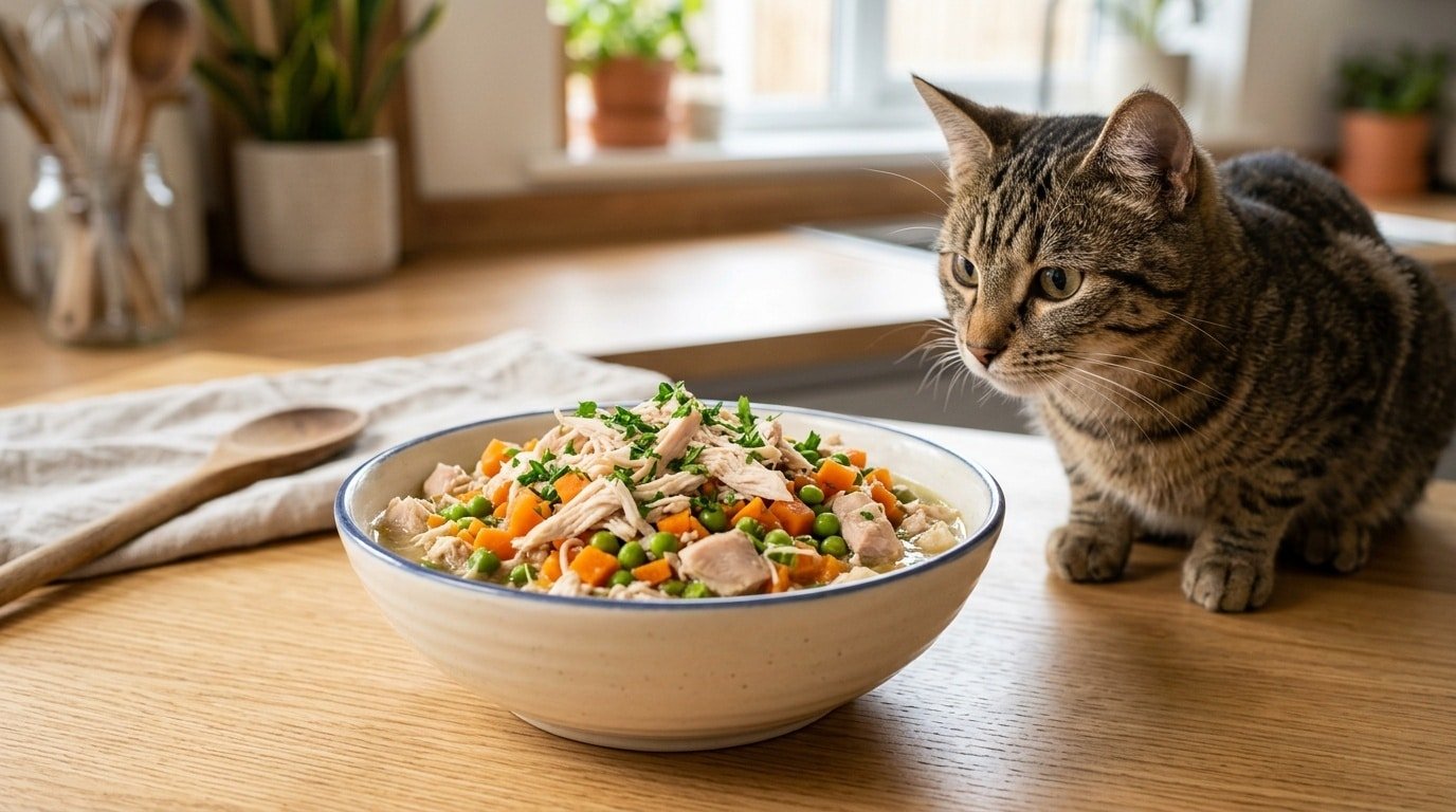Bowl of nutritious homemade cat food with chicken, carrots, and peas, with a curious cat nearby.