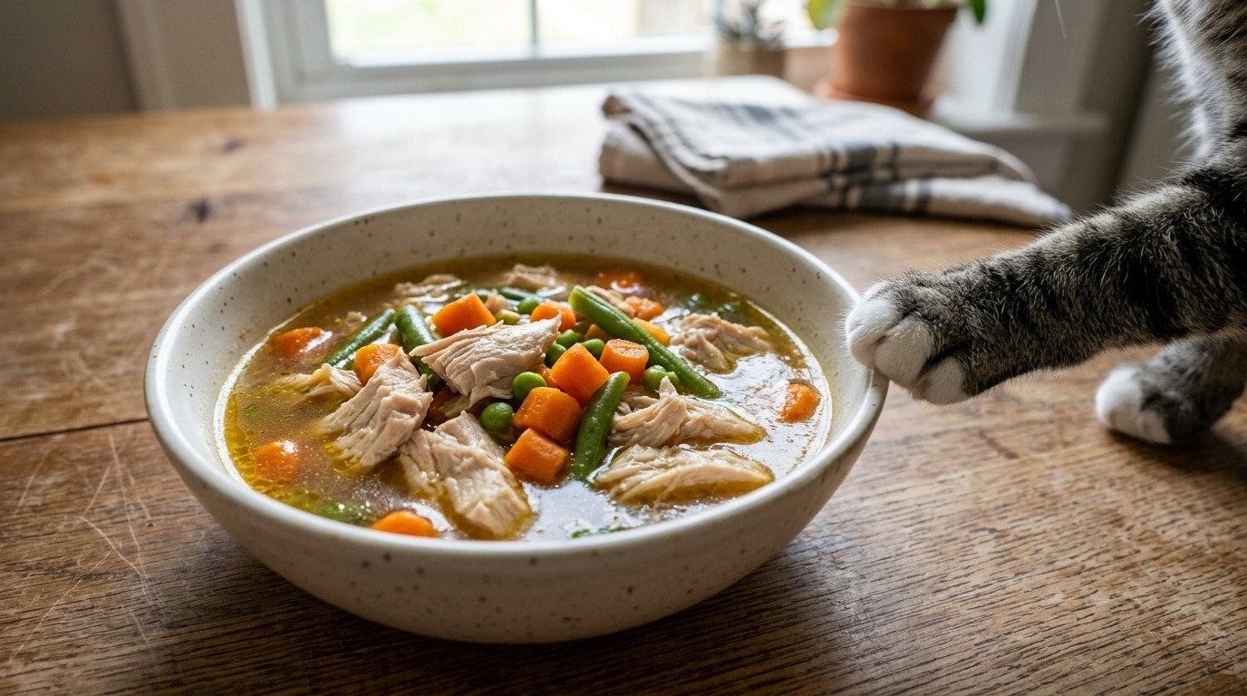 A nutritious bowl of bone broth stew for cats with chicken, vegetables, and a playful cat in the background.