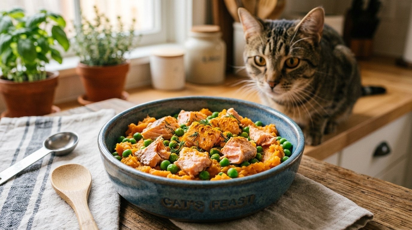 Bowl of homemade cat food with salmon, sweet potatoes, and peas, with a cat in a kitchen setting.